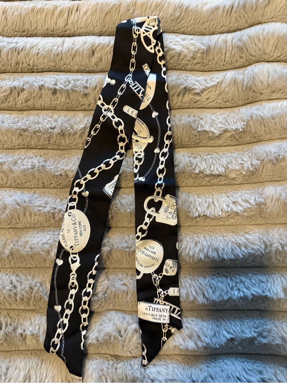 Tiffany & Co. Black and Cream Chain Print Silk Twilly